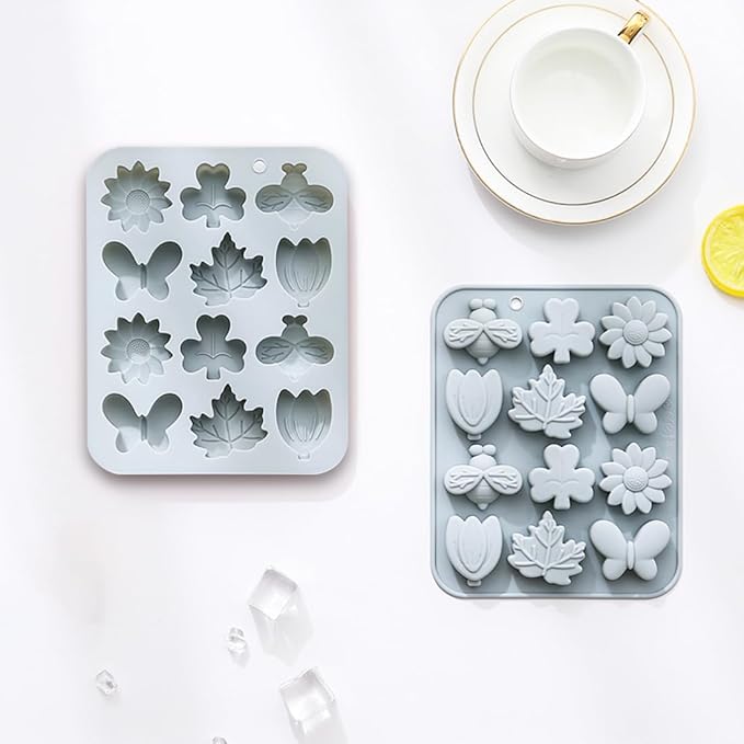 24 Cavities Unique Candy & Chocolate Silicone Mold, 6 Different Shapes, Including Leaf, Flower, Grass, Honey, Butterfly, Non-Stick, Baking Molds for Making Cake Decoration, Jelly, Ice Cubes, 2 Count