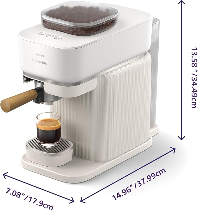 PHILIPS Baristina Espresso Machine, Grind, Tamp & Brew Coffee Beans in One Swipe, Compact, 16 Bar Pump Pressure, Automatic Grinder, Natural White with Ash Wood Portafilter (BAR302/20) - Image 12