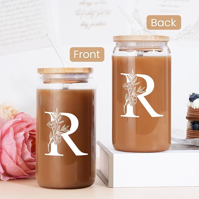 SANDJEST Monogrammed Gifts for Women - Monogram R Initial Glass Cup 16 Oz Can Coffee Cups with Lid and Straw - Monogram Initials Gifts for Womens on Birthday
