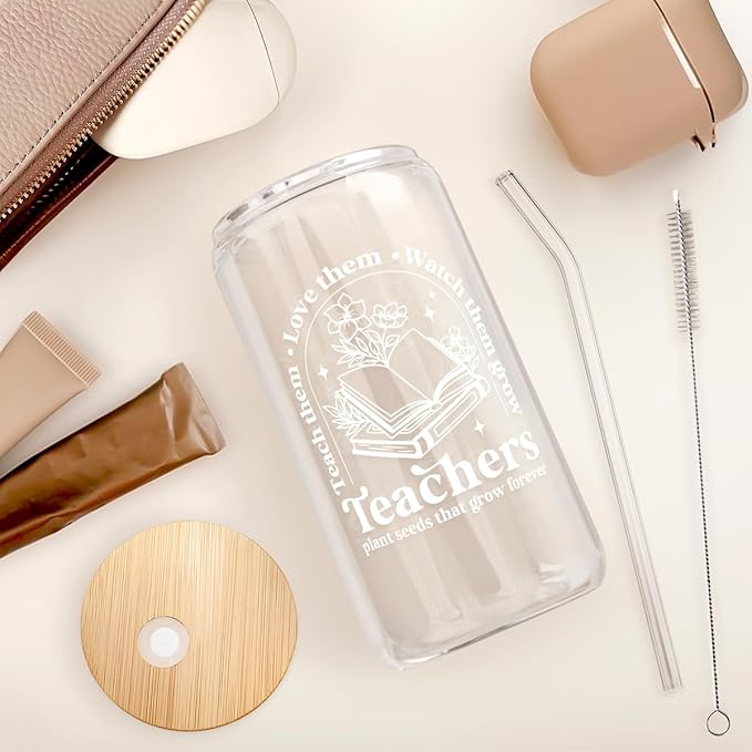 SANDJEST Teacher Glass Can, Teachers Plant Seeds That Grow Forever Cup with Lid & Straw, Coffee Aesthetic Cups, Gift for Christmas Teacher Appreciation, Gifts for Women, 16oz