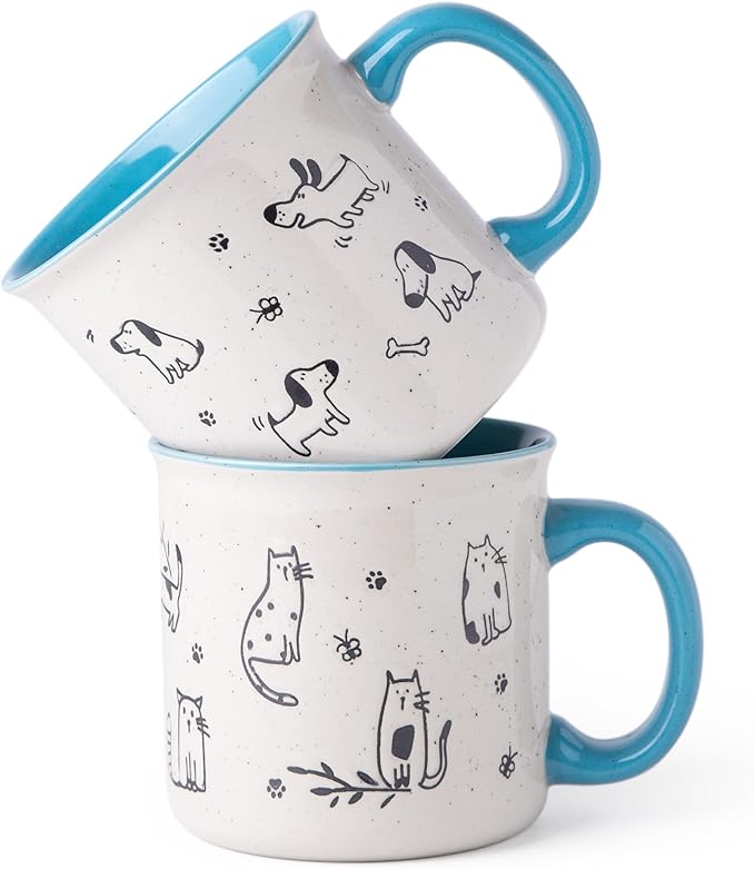 AmorArc 22 OZ Large Ceramic Coffee Mugs Set of 2, Oversized Mugs With Big Handle for Men Women Dad Mom, Big Mug With Textured Dogs Cats Patterns for Office & Home -Microwave Safe, 2 Pcs-Blue by AmorArc