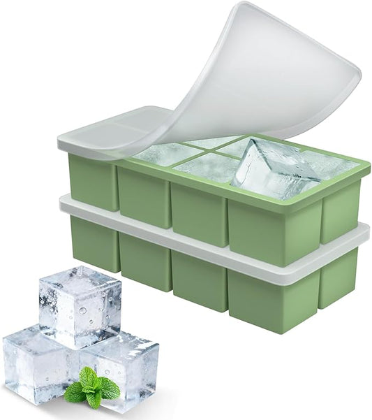 Large Ice Cube Molds, 2 Pack Easy Release Ice Trays for Freezer with Lid, Stackable Square Big Silicone Ice Cube Tray BPA Free Slow Melting for Bourbon Whiskey, Cocktails, Iced Coffee (Green)