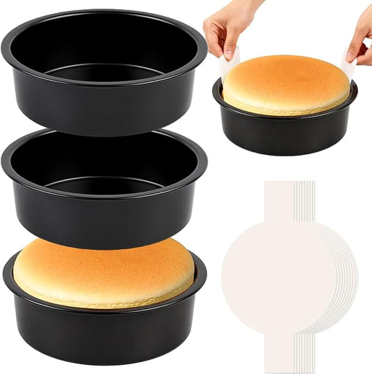 6 Inch Round Cake Pan Set of 3 - Nonstick Carbon Steel Cake Baking Pans with 100 PCS Parchment Paper, Dishwasher Safe, Durable for Layer Cakes, Birthday & Christmas Baking by Unknown