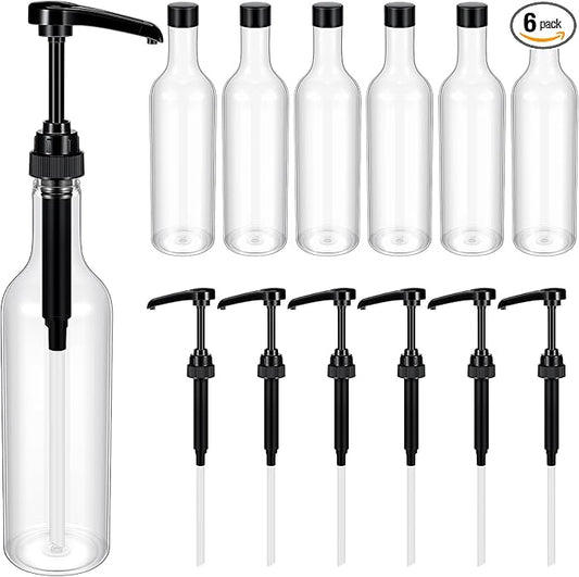 Maxdot 6 Pcs 25 oz Syrup Bottles with Pump Long Neck Bottles Plastic Syrup Pump Dispenser for Coffee Bar Accessories Home Party