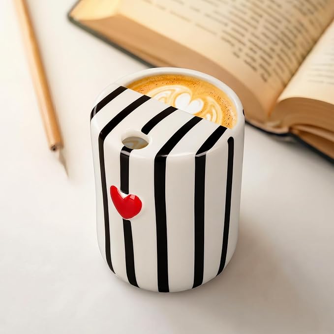 Ceramic Mug with Sip Hole 10 oz Novelty Black Striped Red Heart Ceramic Coffee Mug Hand Painted Travel Mugs Heat Resistant Non Slip Built in One Lid Mugs for Coffee Lovers Appreciation Gift - Image 7
