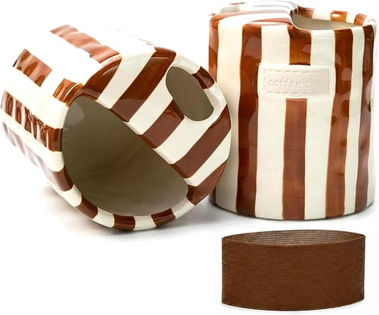 Ceramic Coffee Mug with Half Lid, 12oz Handmade Retro Striped Travel Mug, Minimalist To Go Coffee Cup for Home Office, Reusable Pottery Tumbler, Brown by KOIMYSA