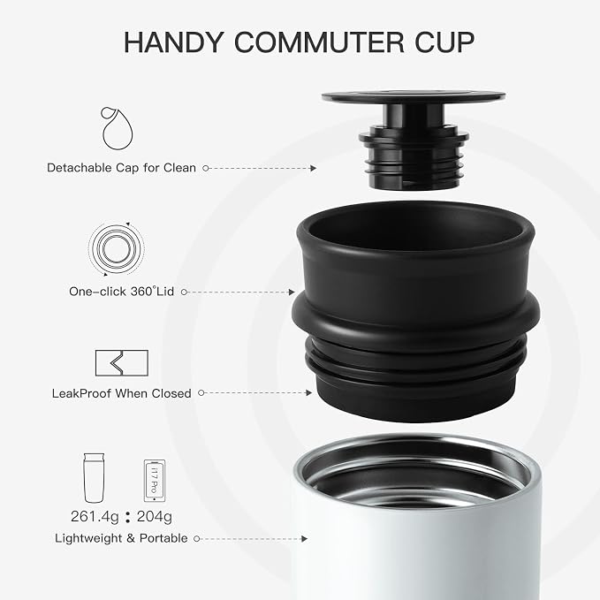 Travel Coffee Mug with 360°Lid, 12 oz Coffee Tumbler Insulated Travel Mugs for Hot and Cold, Vacuum Insulated Stainless Steel Coffee Cup Leak Proof Spill Proof-Matte White - Image 5