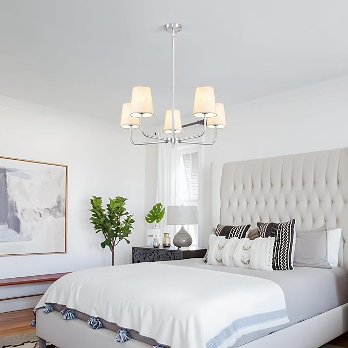 5 Light Brushed Nickel Chandelier, 28" Modern Farmhouse Ceiling Light Fixture with Fabric Shade, Pre-Wired Thicker Arm Pendant Lights for Dining Room Kitchen Island Over Table Entryway Foyer - Image 7