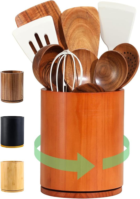 Wood Utensil Holder, 360° Rotating 7.3 in Kitchen Organizer | Rustic farmhouse countertop decor. 360° rotating base holds spatulas, ladles, tongs, and cooking tools. Rich cherry finish by Unknown