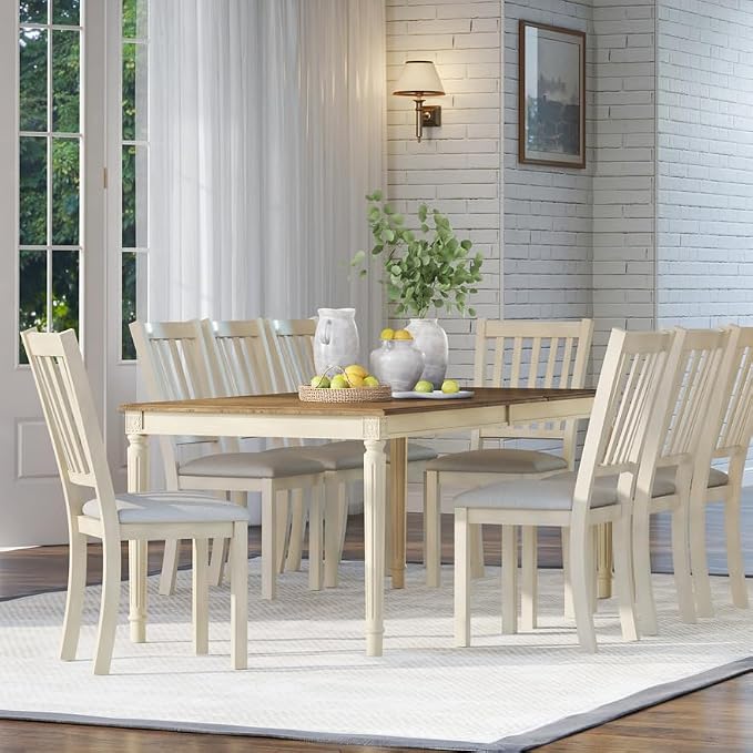 AMERLIFE Set of 8 Farmhouse Dining Chairs with Upholstered Seats, Cream | Farmhouse Style, Curved Backrests, Solid Wood Legs, Padded Upholstery, Rustic Cream Finish - Image 3