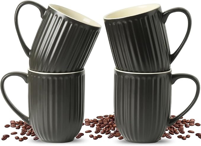 HASENSE 16oz Ceramic Coffee Mugs Set of 4, Black Ribbed Latte Cups with Large Ergonomic Handle, Modern Lightweight, Great for Coffee, Tea & Cocoa, Dishwasher & Microwave Safe by Hasense