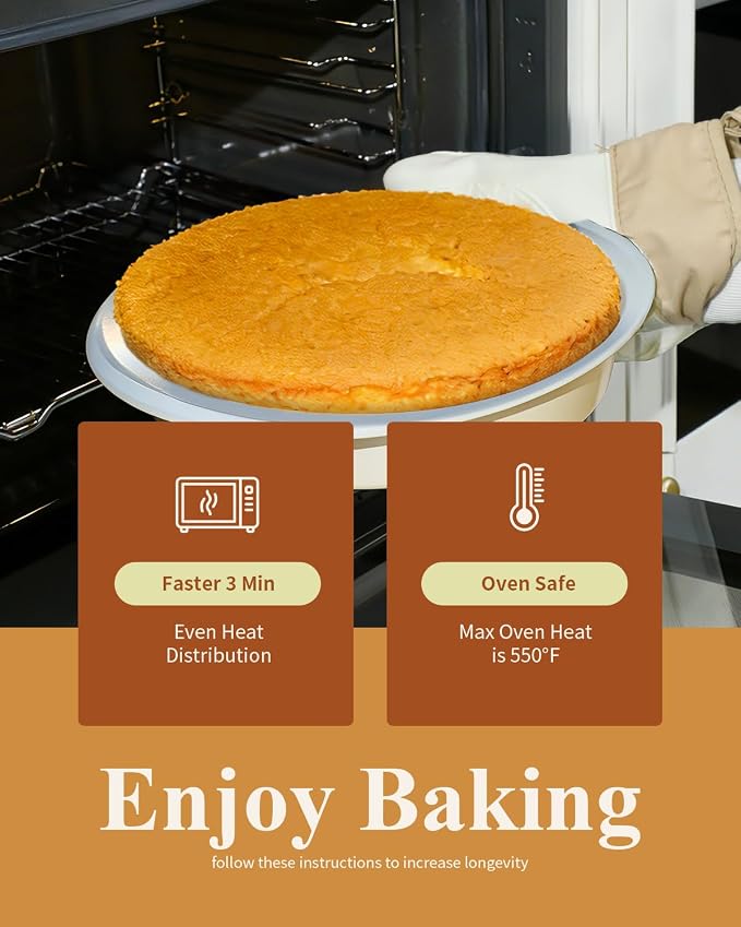 9 Inch Nonstick Round Cake Pan with Handle, Ceramic Coating PFOA PFAS PTFE Free, Aluminized Steel, Oven Safe 550°F, Dishwasher Safe, For Layer Cakes Cheesecakes and Brownies (Sunshine Cream) - Image 7