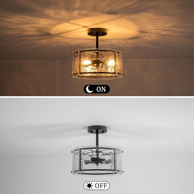 Black Semi Flush Mount Ceiling Light Fixture for Foyer,Entryway,Hallway | 11.8" Small 3 Light Drum Modern Farmhouse Glass Ceiling Light Fixtures for Kithcen,Bedroom,Dining Room,Bathroom - Image 4