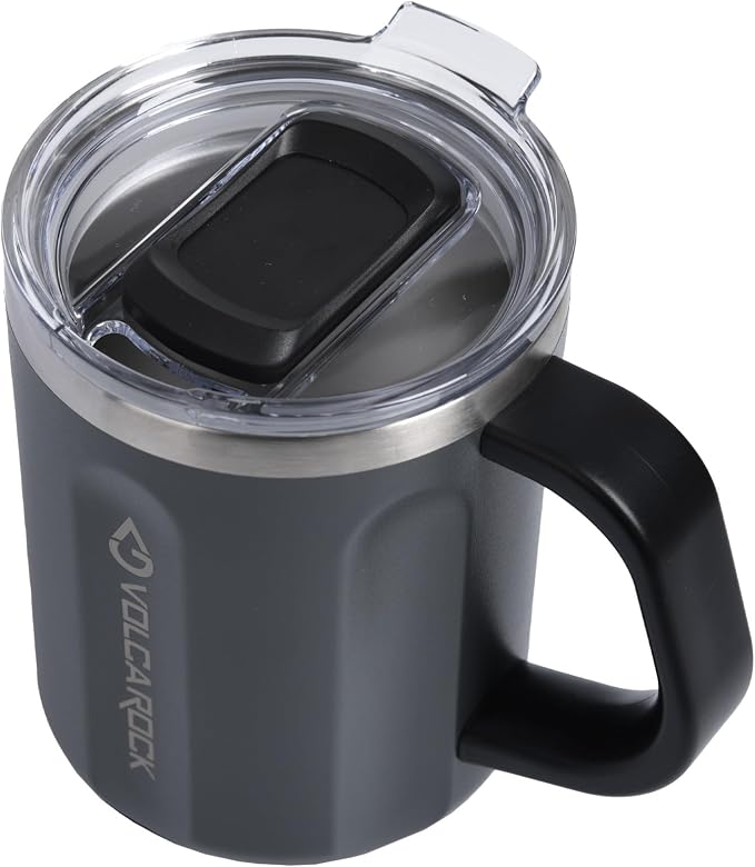 Stainless Steel Coffee Mug Cup with Handle, 16 oz Double Wall Vacuum Insulated Travel Mug Tumbler With Slider Lid, Insulated Camping Tea Flask for Hot & Cold Drinks (Grey) by VOLCAROCK