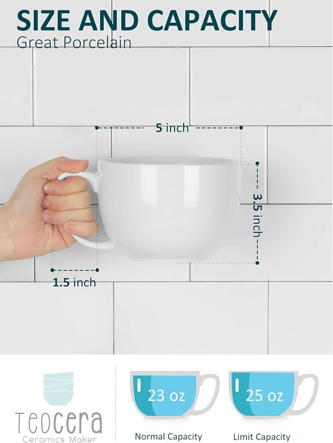 Teocera Soup Mugs with Handles, White Coffee Mugs Set of 4, Large Soup Cups - Striped Design - 24 Ounce Porcelain Jumbo Mugs Bowls for Coffee, Oatmeal, Hot Cocoa, Cereal - Image 2