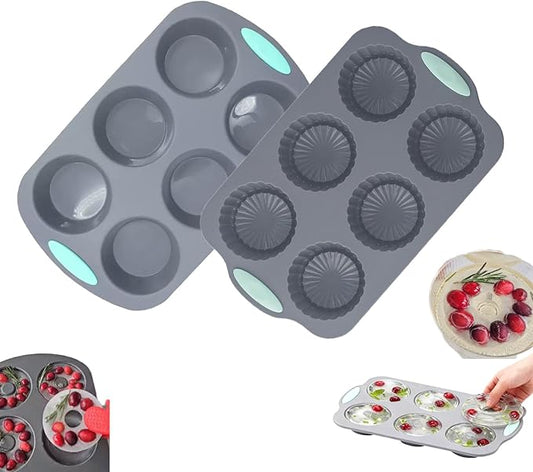 Wreath Ice Cube, Christmas Silicone Wreath Shaped Ice Cube Tray and Snowflake Mold Set, 6 Hole Mini Bund and Cake Pan Candy Bakeware for Holiday Cocktails Ice Cubes DIY Crafts (C+D)