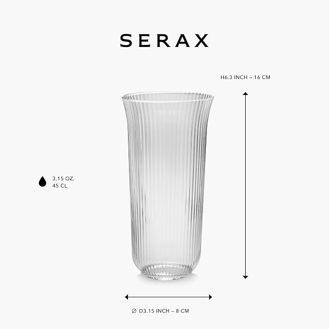 Serax Longdrink Drinking Glasses Set of 4 | Inku Glassware by Sergio Herman | Clear Ribbed Water Glass Cups without Lids | Home Essentials, Kitchen Set | Beer, Juice | Coffee Accessories - Image 3