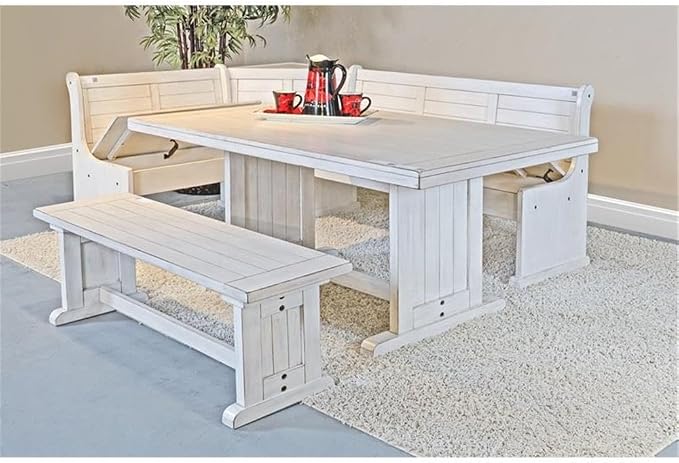 Pemberly Row 75" x 56" Farmhouse Wood Breakfast Nook Set with Table, Storage, Reversable Benche, L-Shaped Corner Bench, for Dining Room, in Marble White Finish - Image 3