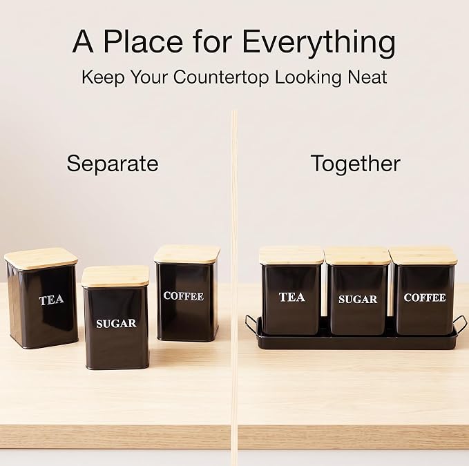 Coffee Tea Sugar Container Set , 50 oz Metal Kitchen Canisters-Black | Countertop Storage Containers with Wood Lids and Tray, Storage Canister for Coffee Bar, Pantry and Farmhouse Kitchen Decor - Image 6