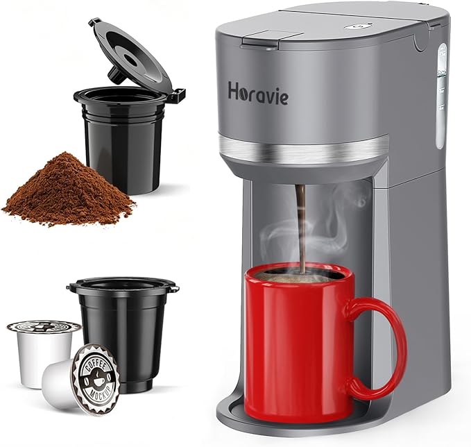 Horavie Mini Single Serve Coffee Maker for K Cup Pods and Grounds, Fast Brew One Cup Coffee Machine with Descaling Reminder and Water Window, 6 to 12 oz. Brew Sizes, Gray by Horavie