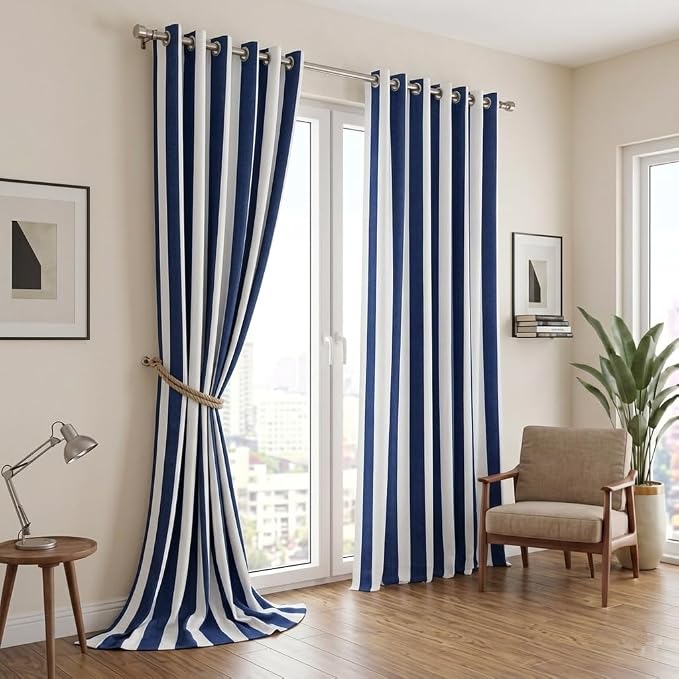 Urban Villa Cotton Grommet Curtains 50x96 (2 Panels) Blue White Stripes - Image 5
