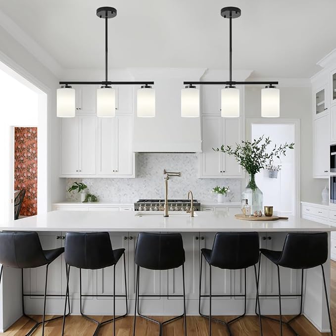 Modern Kitchen Island Lighting Black Dining Room Light Fixtures | 3-Light Linear Chandelier Over Table, 21.25'' Island Lights for Kitchen White Frosted Glass Shades, Adjustable Height - Image 3