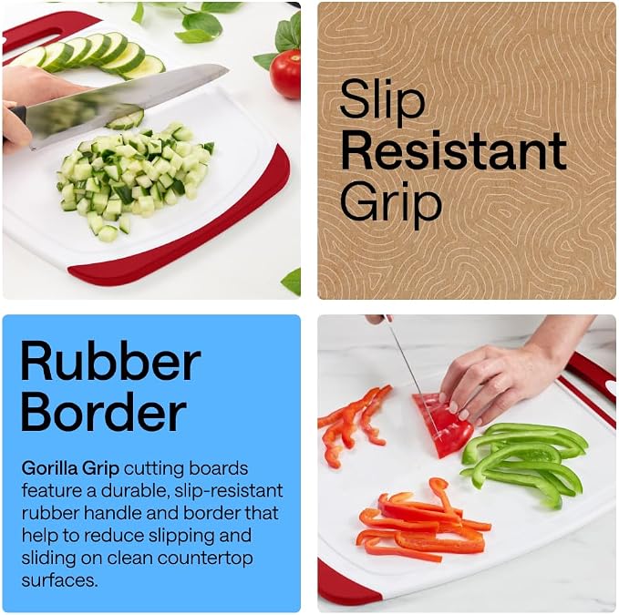 GORILLA GRIP BPA-Free Reversible Kitchen Cutting Board Set of 3, US Designed, Nonporous, Juice Grooves Catch Liquid, Slip Resistant Border, Dishwasher Safe, Durable Large Food Chopping Boards, Red - Image 3