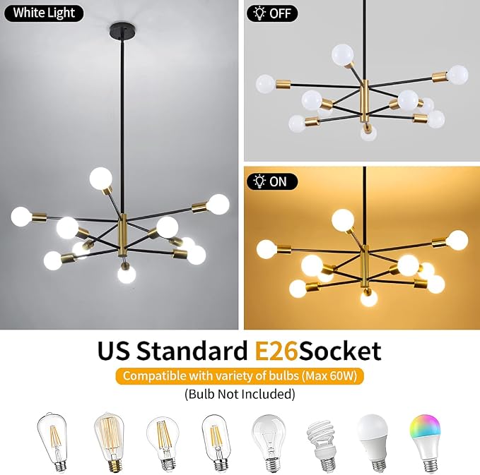 10-Light Modern Chandelier Sputnik Light Fixtures, Mid Century Chandelier Dining Room Light, Black and Gold Ceiling Lights Chandeliers for Bedroom Living Room Kitchen - Image 6