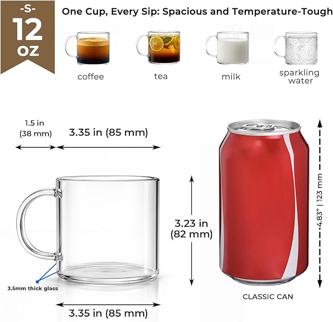 Aquach 12oz Glass Mugs Set of 4, Clear Borosilicate Cups with Handle | Dishwasher/Microwave Safe, 3.5mm Thick, Single-walled, Smooth Rim, Stable Flat Base, Fits Hot/Cold Brews - Image 4