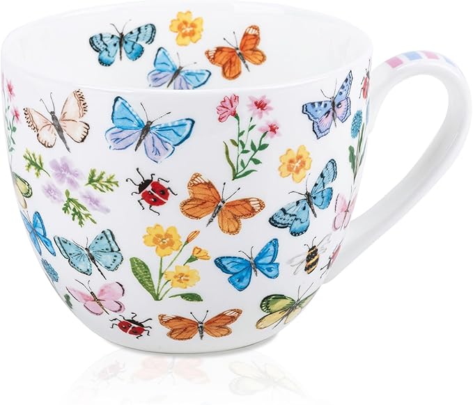 Colorful Butterfly Mug - 20oz Bone China Coffee Tea Hug Mug with Multicolor Butterflies, Ladybugs, Bees & Blooms, Perfect Gifts for Mom Women Mothers Day, Designed in England by Harvest Green Studio by MFoffice