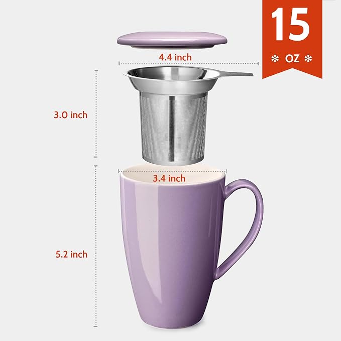 Sweese 15 OZ Porcelain Tea Mug with Infuser and Lid, Loose Leaf Tea Cup, Gifts for Tea Lover, Purple - Image 2