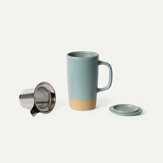 MORA Ceramics Large Tea Mug with Loose Leaf Infuser and Ceramic Lid, 18 oz, Portable, Microwave, Dishwasher Safe, Tall Coffee Cup - Rustic Matte Ceramic Glaze, Modern Herbal Tea Strainer, Iris by MORA