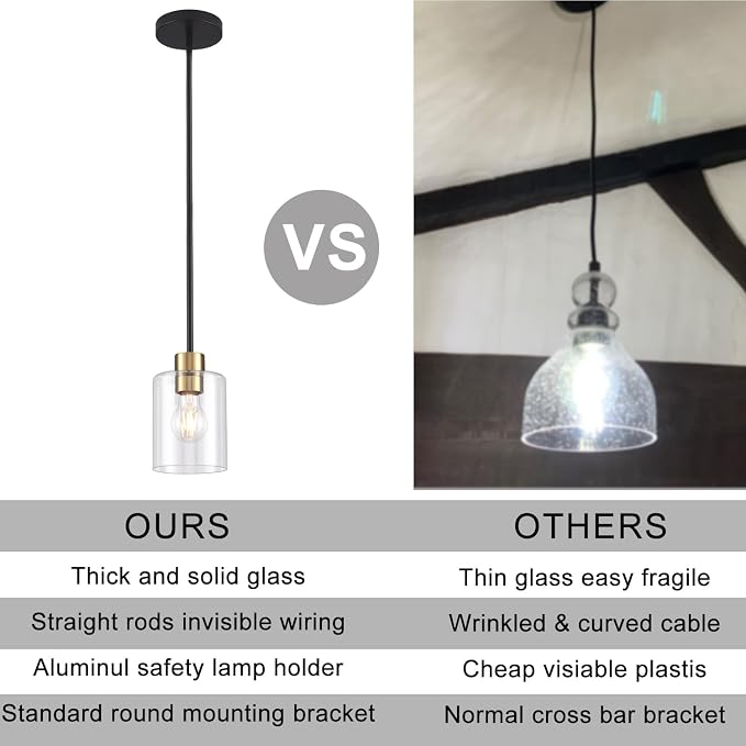 Black Brass Pendant Lights Kitchen Island - Clear Glass Pendant Light Fixture Multiple Stems Rods 3 Units 12 Inch 3 Units 4 Inch (2 Pack Black Brass Downrod) - Image 3