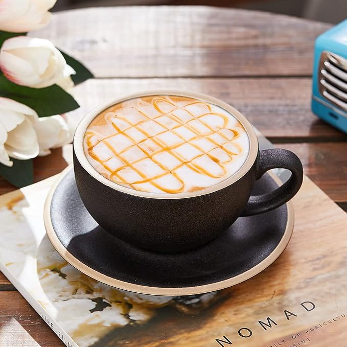 Coffeezone Vintage Design 12 oz Ceramic Latte Art Cappuccino Barista Cup with Saucer (Rough Black) - Image 2