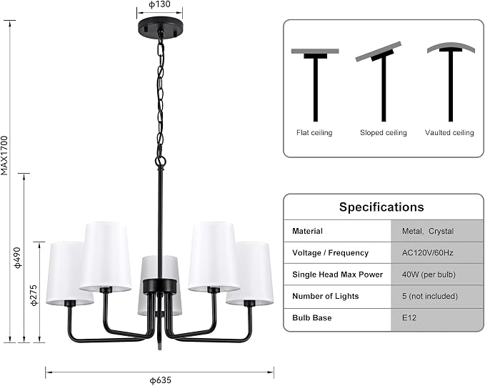 5-Light Farmhouse Chandelier with White Linen Shades | Adjustable Height 25"-76.5", Easy Install, Pendant Light for Kitchen Dining Room Foyer - Image 4