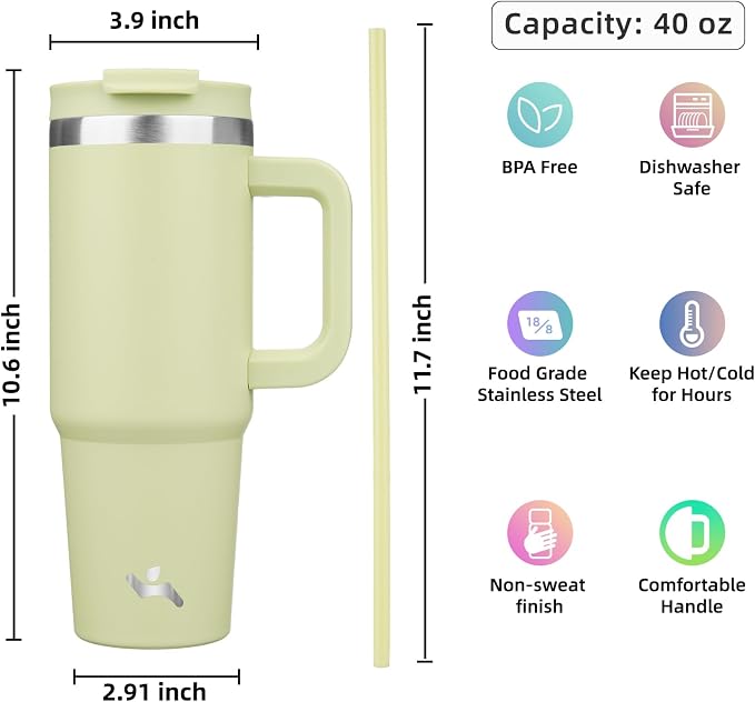 Konokyo 40 oz Insulated Tumbler Water Bottle with Handle, Straw Lid | BPA-free and dishwasher safe; made for gym, travel, coffee and gifting, 2 straws, cup holder friendly,Macaron Green - Image 4