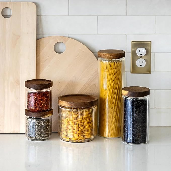 Mason & Fable Ribbed Glass Canisters or Spaghetti Jars with Airtight Wood Lid- Tall Storage Containers for Pasta, Cereal or Flour -Ideal for Kitchen/Pantry Organization - 60 fl.oz, Set of 2 - Image 5