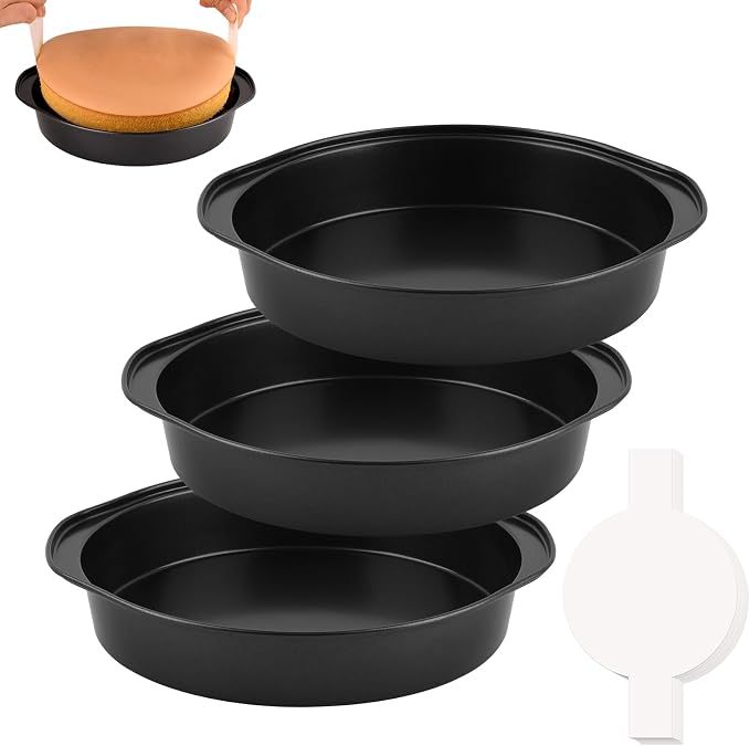 HUAKENER 3 Pcs 8 Inch Round Cake Pans with 100 Pieces Parchment Paper | Carbon Steel Cake Pans, Non-stick Cake Baking Pans with Handle, Dishwasher Safe by HUAKENER