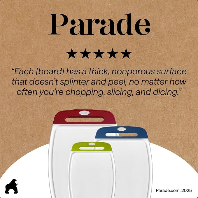 GORILLA GRIP BPA-Free Reversible Kitchen Cutting Board Set of 3, US Designed, Nonporous, Juice Grooves Catch Liquid, Slip Resistant Border, Dishwasher Safe Large Food Chopping Boards, Red Blue Green - Image 9