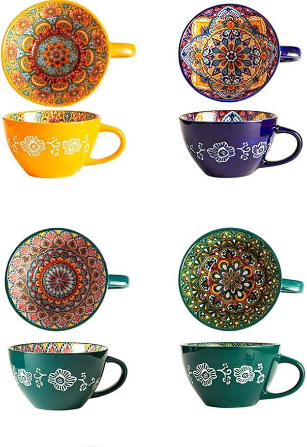 Bohemian Hand-Painted Ceramic Mug, 15 Oz Large Coffee Cup for Milk, Tea, and Breakfast, Dishwasher & Microwave Safe Artisan Cup, Navy Blue - Image 6