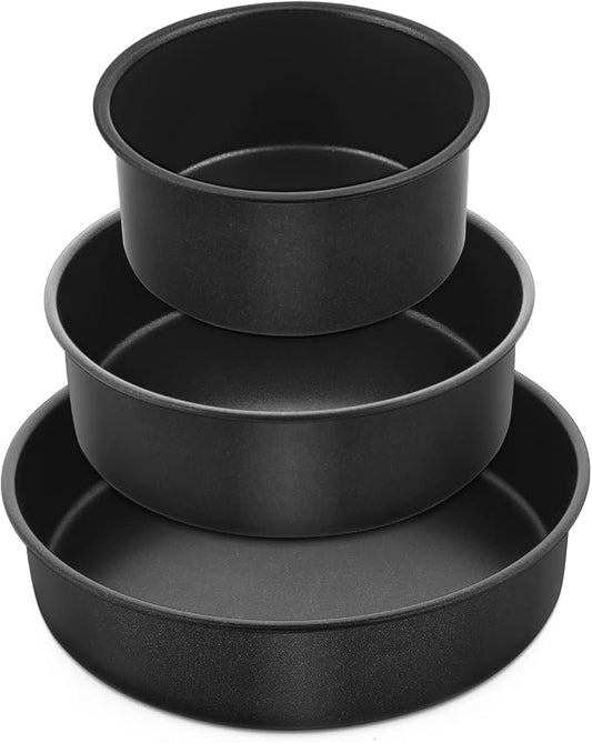 E-far 3-Piece Cake Pan(4/6/8 Inch), Nonstick Stainless Steel Round Baking Cake Pans, Metal Cake Mold Tins for Birthday/Wedding, Stainless Steel Core & Non-toxic Coating, Straight Side & 2 Inch Deep by E-far
