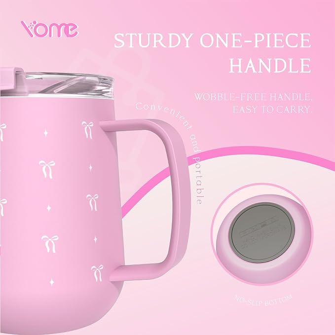 YOME 10oz Elegant Bow Pink Insulated Coffee Mug with Handle for Women | Ceramic Lined Coffee Mug with Splash-Resistant Lid| Pure Taste Stainless Steel Coffee Cup | Easy to Clean | Keeps Drinks Cold - Image 6
