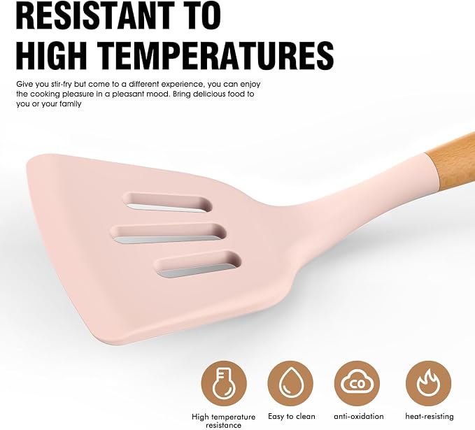 Silicone Cooking Utensils Set - AVGPD Silicone Kitchen Utensils for Cooking Wooden Handles, 446°F Heat Resistant Kitchen Utensil Spatula Sets, Gadgets for Non-Stick Cookware BPA FREE (Multicolour) - Image 2