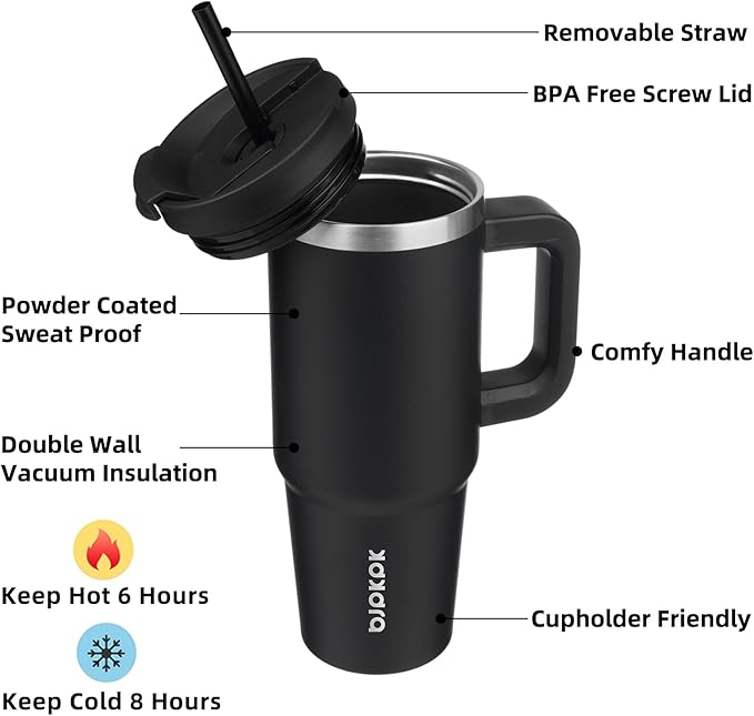 BJPKPK 30 oz Insulated Tumbler with Handle & Straw, Stainless Steel | Double Wall Vacuum Insulation, Leak Proof, BPA Free, Dishwasher Safe, Cupholder Friendly, Travel & Outdoor, Black - Image 2
