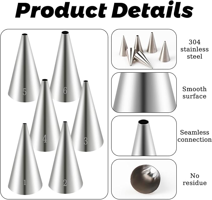 6pcs Round Piping Tips, Stainless Steel Small Frosting Piping Tips, Cake Decorating Tip Set for Cupcakes Writing Icing Nozzles Decoration DIY Baking Supplies Tool