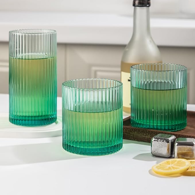 Ribbed Drinking Glasses 8pcs, 12oz and 10oz Glassware, Tumbler Glasses Cup Set for Wedding, Party, Christmas Gift, Green - Image 7