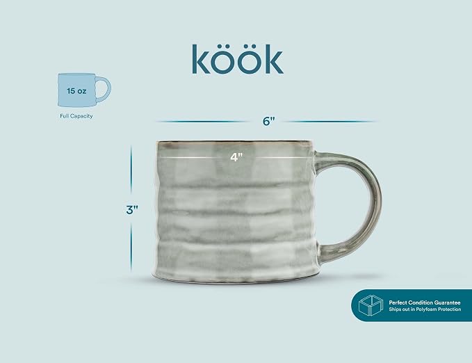KooK Glazed Coffee Mugs, Ceramic, Microwave & Dishwasher Safe, 13 oz, Java/Slate Lined, Set of 2 - Image 6
