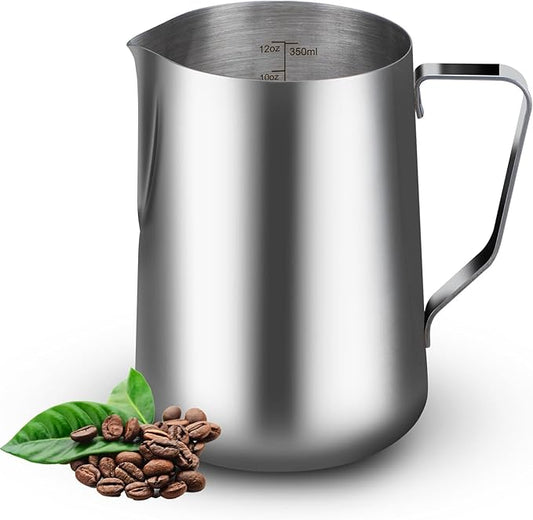 12oz Milk Frothing Pitcher-Stainless Steel Steaming Jug for Espresso, Cappuccino & Coffee-Heat-Resistant, Dripless Spout, Measurement Scale, Dishwasher Safe (350ml/12oz)