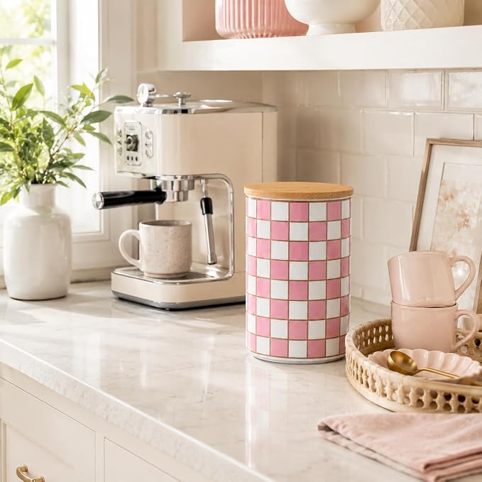 Kitchen Countertop Ceramic Checkered Canisters,Black And White Food Storage Containers With Lid,Airtight Kitchen Canisters for Flour, Sugar, Coffee, Tea, and Dry Goods (Pink, XL) - Image 9