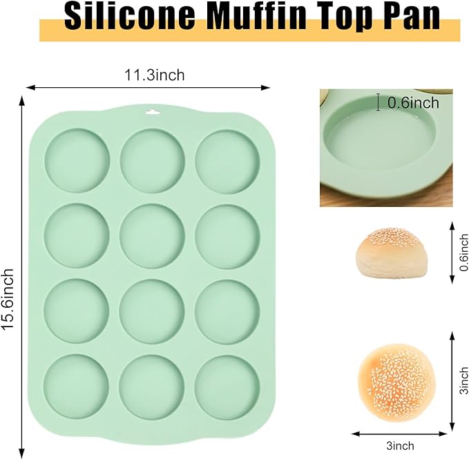 QELEG Silicone Round Muffin Top Pans for Baking, 3" Non-Stick Hamburger Bun Mold Jumbo Egg Molds for Muffins, Pancake, Tarts, Corn Bread, Burger Bun, Oreo Cookie, 12 cavities, Green